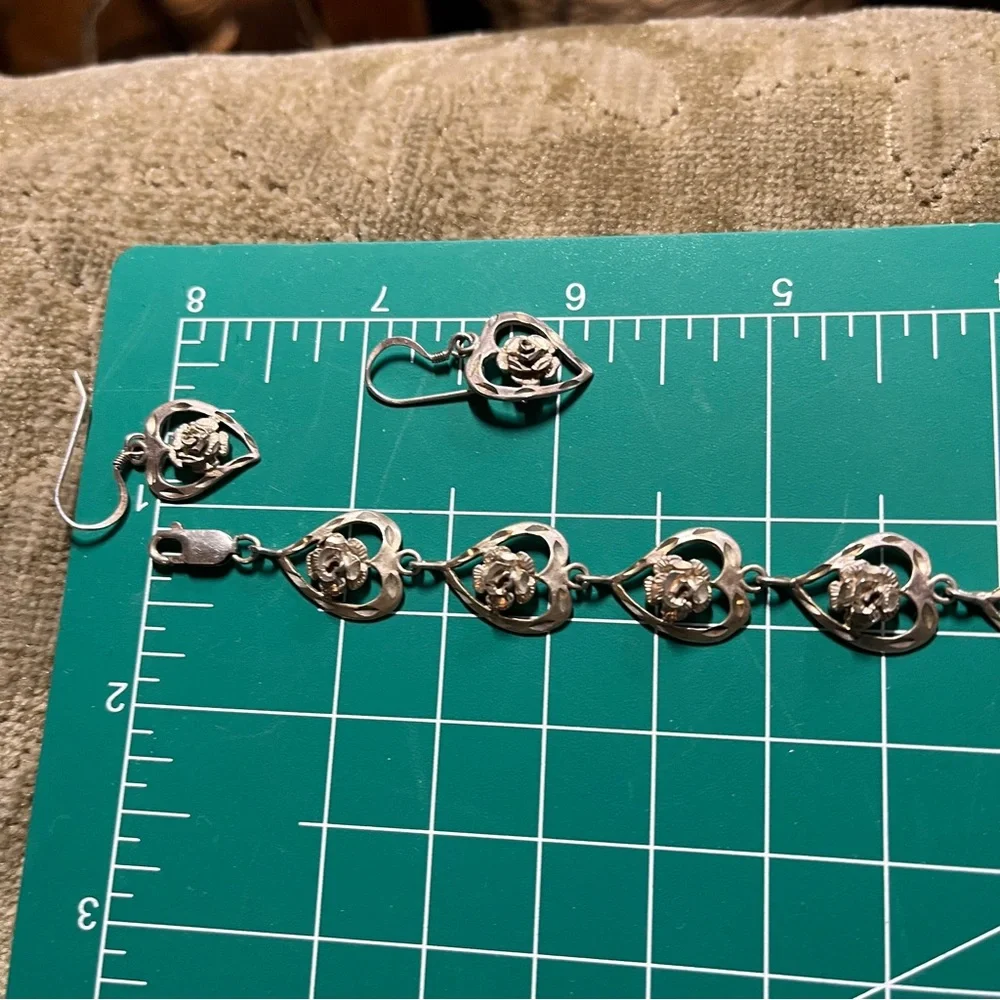 Signed M 925 Sterling Hearts Flowers Bracelet Pierced Earrings Set Rose Center